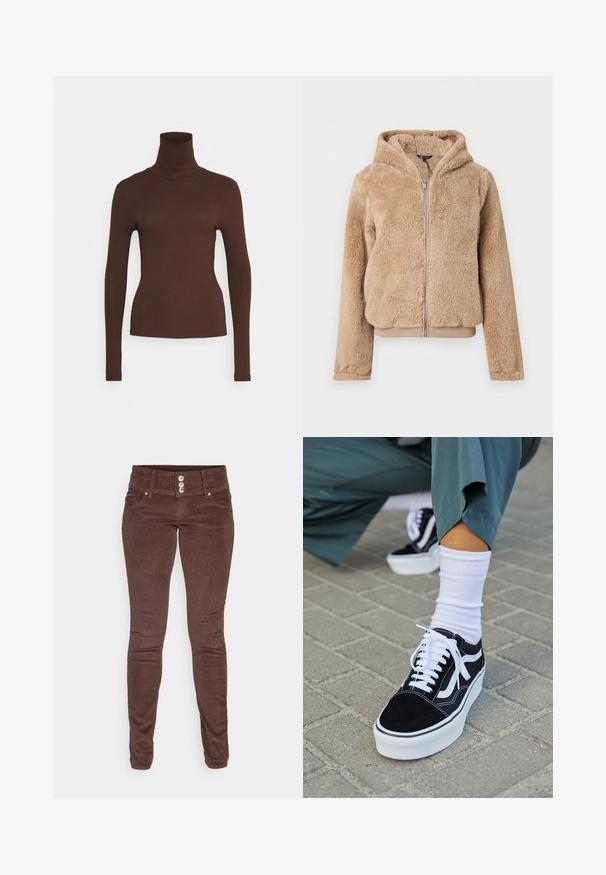Béžová mikina na zips s kapucňou z mäkkej, nadýchanej látky s dlhými rukávmi a rebrovanými lemami na rukávoch a spodnom okraji.; Pieces PCKITTE ROLLNECK - Top s dlhým rukávom - chicory coffee; ONLY ONLANEMONE PANT - Nohavice - brown; Čierne semišové tenisky s bielymi akcentmi a šnúrkami, s hrubou bielou podrážkou a kontrastným prešívaním, doplnené o bielu ponožku.