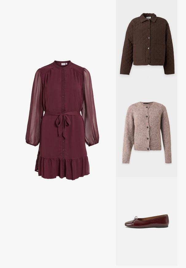 Brun quiltet jakke med krave, frontknapper med trykknap og to store påsyede lommer. Designet har et geometrisk diamantmønster.; Blød lyserødbrun korthåret cardigan med lange ærmer, rund halsudskæring og fem sorte knapper foran.; Langærmet vinrød kjole med knapper foran, gennemsigtige puffede ærmer, bindebælte i taljen og rynket kant nederst.; Bordeaux patentlæder balletflad med rund tå, lille sløjfeaccent foran og en lav, sort gummisål. Glat tekstur.