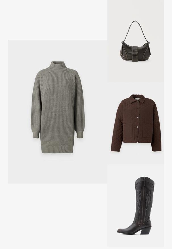 Veste matelassée marron avec col, boutons-pression à l'avant et deux grandes poches plaquées. Le design présente un motif géométrique en losanges.; Pull en maille gris surdimensionné avec un col montant, des poignets côtelés et une surface texturée. Présente des épaules tombantes et une coupe décontractée.; Bottes de cowboy en cuir marron avec surpiqûres en forme de flammes, fermeture éclair latérale, clous argentés, bout pointu et talon superposé.; Sac à épaule en cuir noir avec une sangle à boucle, des bords arrondis et des coutures blanches contrastées sur un fond uni.