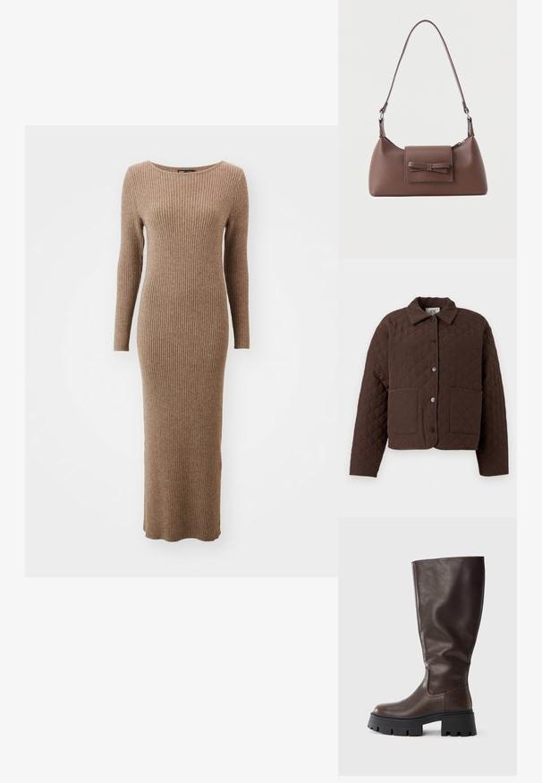 Braune gesteppte Jacke mit Kragen, vorderen Druckknöpfen und zwei großen aufgesetzten Taschen. Das Design weist ein geometrisches Rautenmuster auf.; Langärmliges, geripptes Kleid in einem warmen Braunton, mit rundem Ausschnitt und taillierter Passform, das bis zu den Knöcheln reicht.; Brauner kniehoher Lederschuh mit einer groben schwarzen Sohle, glatter Textur, rundlicher Spitze und minimalen Nahtdetails.; Braune Leder-Umhängetasche mit einer vorderen Klappentasche, die ein gestepptes Schleifendetail und einen verstellbaren Riemen aufweist.