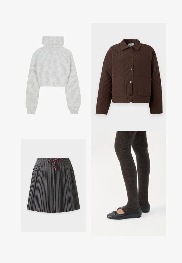 Veste matelassée marron avec col, boutons-pression à l'avant et deux grandes poches plaquées. Le design présente un motif géométrique en losanges.; Pull en maille cropped gris clair avec un col roulé haut, des manches larges et un motif à côtes texturé. Matériau doux avec une coupe légèrement ample.; Jupe plissée gris foncé avec une taille élastique et un cordon bordeaux noué au centre devant.; Jambes portant des leggings côtelés foncés associés à des ballerines noires avec de petits détails en nœud sur fond blanc.