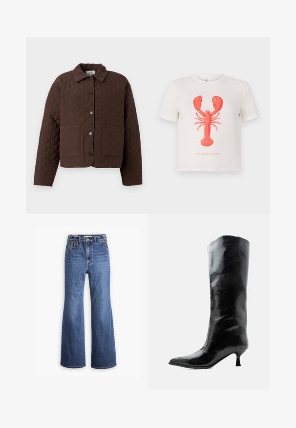Brun quiltet jakke med krave, frontknapper med trykknap og to store påsyede lommer. Designet har et geometrisk diamantmønster.; Hvid bomulds t-shirt med et stort rødt hummergrafik og teksten "BARE KALD MIG SNEGL" nedenfor i rød. Korte ærmer, almindelig pasform.; Højtaljede blå denimjeans med bred ben-design, som har en frontlomme, messingknaplukning og kontrastsyninger.; Sort skinnende knæhøj læderstøvle med spids tå og lav buet hæl på en ensfarvet lys baggrund.