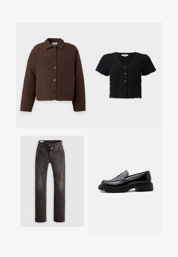 Brun quiltet jakke med krave, frontknapper med trykknap og to store påsyede lommer. Designet har et geometrisk diamantmønster.; Sort cropped cardigan med korte ærmer, tekstureret stof, dyb V-udskæring, fem knaplukninger og bølget kant.; Mørkegrå lige ben jeans lavet af denim, der har en knaplukning, fem-lommemodel og subtile falmede detaljer på stoffet.; Sort skinnende læderloafer med kraftig sål og pennyrem, vist i sideprofil på en ensfarvet hvid baggrund.