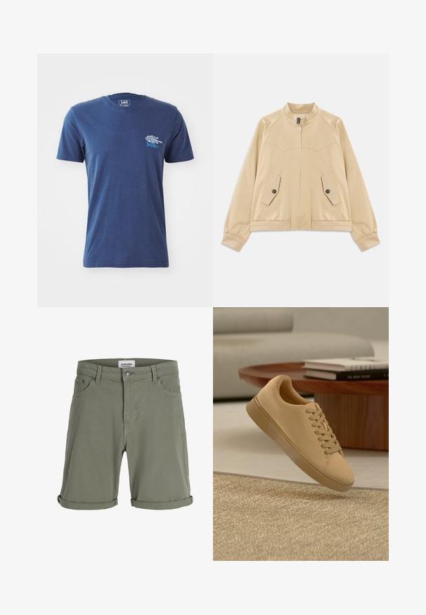 Beige lichtgewicht jack met opstaande kraag, ritssluiting aan de voorkant, twee knoopsluitingen met steekzakken, elastische manchetten en een zoom met vlechtwerk detail.; Navyblauwe katoenen T-shirt met korte mouwen, ronde halslijn en een grafisch ontwerp van een hand met tekst op de linkerborst.; Olijfgroene katoenen shorts met omgeslagen zomen, riemlussen, knoop aan de voorkant, rits en vijf zakken, getoond tegen een witte achtergrond.; Beige vetersneaker die boven een gestructureerd tapijt zweeft, met een houten salontafel en gestapelde boeken op een wazige achtergrond.