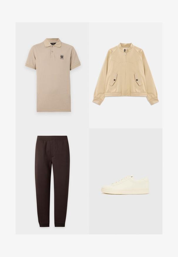 Veste légère beige avec col montant, fermeture éclair à l'avant, deux poches à rabat boutonnées, poignets élastiques et ourlet avec détail en tresse.; Polo beige à manches courtes avec un col côtelé, une patte à deux boutons et un petit patch logo sur le côté gauche de la poitrine. Tissu en mélange de coton doux.; Pantalon de jogging slim marron foncé avec taille élastique et chevilles bordées, détail de couture avant sur fond uni.; Baskets couleur crème avec une tige en cuir lisse, bout arrondi, laçage à l'avant et semelle en caoutchouc texturée. Design minimaliste, sans logo.