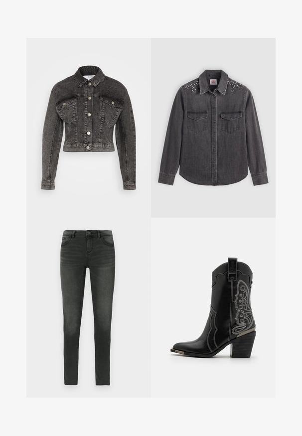 Selected SLFPENNY DIA JACKET - Cowboyjakker - dark grey denim; Sort denimskjorte med lange ærmer, krave med spids, to brystlommer, sølvnagle detaljer på skuldrene, knaplukning foran.; Slim-fit sorte jeans lavet af denim med en let slidt finish, der har fem lommer, en knaplukning i taljen og bæltestropper.; Sort læder cowboystøvle med hvid stitching og udsmykning på siderne. Hælen er kraftig og struktureret med en metallisk accent.