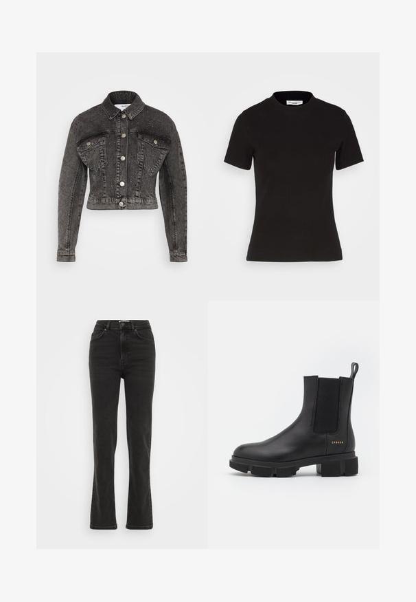 Selected SLFPENNY DIA JACKET - Jeansjacke - dark grey denim; Schwarzes, geripptes T-Shirt mit kurzen Ärmeln und rundem Halsausschnitt. Hergestellt aus einem weichen Stoff, hat es eine taillierte Silhouette und ein klares, minimalistisches Design.; Schwarze Denim Schlagjeans mit hoher Taille, fünf Taschen, Metallknopfverschluss und schmalem Schnitt am Oberschenkel, der sich am Saum weitet.; Schwarze Leder-Ankle-Boots mit elastischen Seitenpaneelen und einer robusten, profilierten Sohle. Mit einer Zuglasche und goldenen Markendetails. Matte Oberfläche.