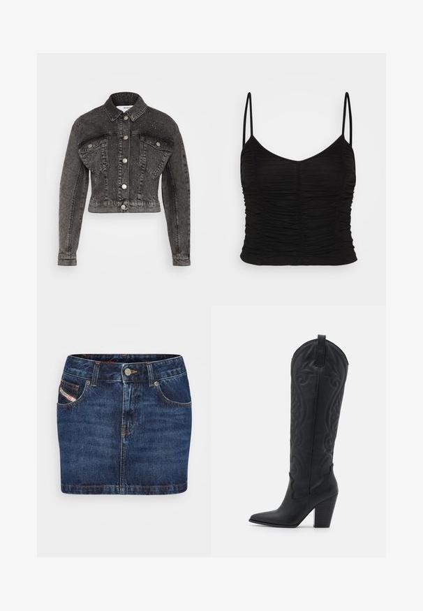 Selected SLFPENNY DIA JACKET - Veste en jean - dark grey denim; BDG Urban Outfitters RUCHED CAMI - Débardeur - black; Jupe en denim bleu foncé avec une coupe ajustée, cinq poches et des coutures orange. Inclut un système de fermeture à bouton métallique à la taille.; Zign by Zalando LEATHER - Bottes de cowboy / motard - black