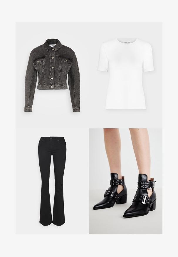 Selected SLFPENNY DIA JACKET - Spijkerjas - dark grey denim; Wit T-shirt met korte mouwen en een ronde hals, een slanke pasvorm en geribbelde stof, weergegeven op een effen lichtgrijze achtergrond.; Zwarte flared jeans van denim. Voorzien van een aansluitende taille met knoopsluiting, nieuwe zakken en een flared broekspijpenontwerp. Stevige textuur.; Zwarte leren enkellaarzen met spitse neuzen, voorzien van oogjeshardware en twee verstelbare gespbanden. Blokhakken zorgen voor stabiliteit.
