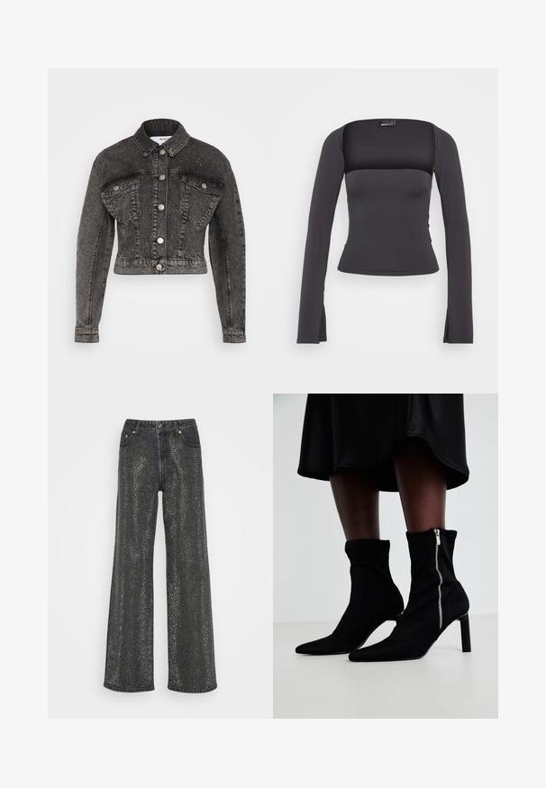 Selected SLFPENNY DIA JACKET - Denimová bunda - dark grey denim; Čierny top s dlhým rukávom, ktorý má obdélníkový výstrih, priliehavý strih a bočné rozparky na leme. Vyrobený z hladkej, elastickej tkaniny.; Čierne džínsy so širokými nohavicami s metalickým bodkovaným vzorom, päť vrecúškovým dizajnom a gombíkovým zapínaním s viditeľnými švíkmi.; Čierne členkové čižmy so strečovým textilným telom, špicatou špičkou a bočným zipsom, s tenkým vysokým podpätkom.