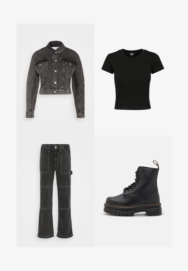 Selected SLFPENNY DIA JACKET - Denimová bunda - dark grey denim; Čierne tričko s krátkym rukávom vyrobené z hladkého bavlneného materiálu, s okrúhlym výstrihom a priliehavým strihom. Bez viditeľných vzorov alebo akcentov.; BDG Urban Outfitters UTILITY SKATE - Džínsy voľného strihu - washed black; Čierna kožená šnurovacia čižma s hrubou podrážkou, žltým prešívaním, okrúhlou špičkou a pútkom na zadnej strane pre jednoduché obúvanie.