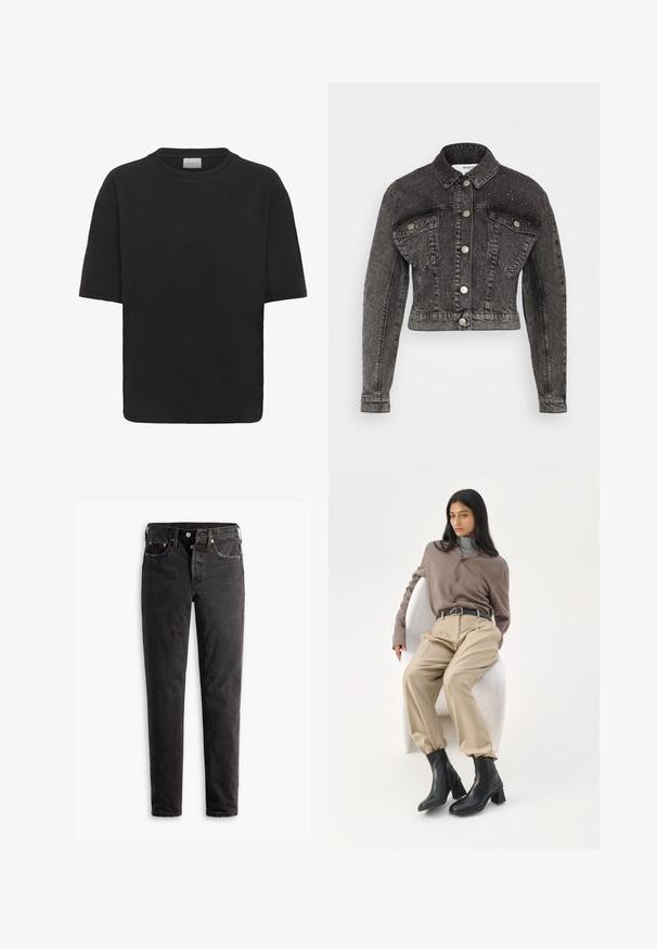 Selected SLFPENNY DIA JACKET - Veste en jean - dark grey denim; T-shirt noir à manches courtes, coupe ample, avec col rond et étiquette blanche visible à l'intérieur du col portant l'inscription "GESTUZ".; Jean en denim noir à coupe droite, avec cinq poches, des détails en cuivre et une texture légèrement délavée.; Femme aux longs cheveux noirs appuyée sur une chaise blanche courbée, portant un chemisier taupe, un pantalon beige, une ceinture noire et des bottines noires à talons.