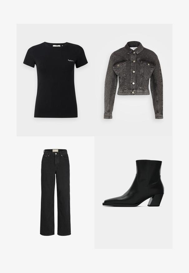 Selected SLFPENNY DIA JACKET - Jeansjacke - dark grey denim; Schwarzes, tailliertes T-Shirt mit kurzen Ärmeln, Rundhalsausschnitt und kleinem weißem "Pepe Jeans"-Logo auf der linken Brust.; Schwarze Jeans mit hoher Taille und geradem Bein, mit vorderem Knopf und Reißverschluss, Gürtelschlaufen und Fünf-Taschen-Design.; Schwarze Leder-Stiefelette mit spitzem Zeh, schlanker Silhouette und klobigem quadratischem Absatz. Glatte Textur mit minimalen Nähdetails.