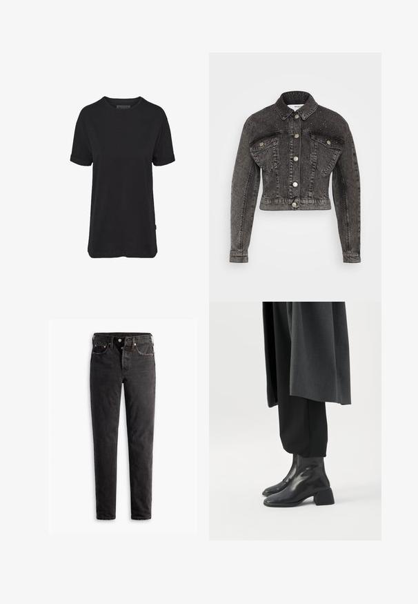 Selected SLFPENNY DIA JACKET - Cowboyjakker - dark grey denim; Sort bomulds T-shirt med korte ærmer, rund halsudskæring og oprullede manchetter; har et diskret mærketræk på sidekanten.; Sorte denim jeans med lige ben, der har fem lommer, kobberhardware og en let slidte måde.; Sorte læderankelstøvler med lave blokhæle, båret med sorte bukser og en mørkegrå lang frakke.