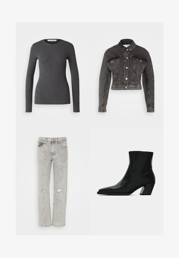 Selected SLFPENNY DIA JACKET - Chaqueta vaquera - dark grey denim; Top de manga larga y cuello redondo en gris oscuro, confeccionado en tejido acanalado con un diseño ajustado, que presenta una textura suave y un detalle mínimo.; GAP 90S LOOSE DOLLY - Vaqueros tapered - grey wash; Bota de tobillo de cuero negro con punta afilada, una silueta elegante y un tacón cuadrado grueso. Textura suave con detalles de costura mínimos.