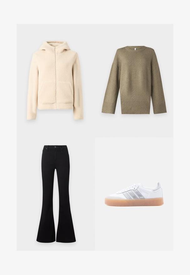 Kremfarvet fleece-hættetrøje med lynlås, foret hætte, kængurulommer og ribkant ved ærmerne. Blød tekstur og enkelt design uden mønstre.; Olivenfarvet strikket sweater med rund halsudskæring, sænkede skuldre og ribbede manchetter. Stoffet ser blødt ud med subtile teksturdetailler.; Sorte jeans med højt liv og vidde ben, med forreste knap og lommer, vist på hvid baggrund.; Hvid lavtop-sneaker med gum-gummisål, sølvstribede sideaccents og snørelukning, vist mod en ensfarvet lys baggrund.