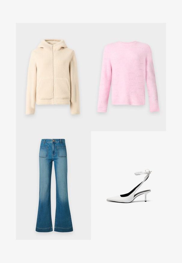 Kremfarvet fleece-hættetrøje med lynlås, foret hætte, kængurulommer og ribkant ved ærmerne. Blød tekstur og enkelt design uden mønstre.; Lys pink sweater med ribbede tekstur og bølgemønster, med lange ærmer og rund hals, præsenteret mod en neutral baggrund.; Blå højtaljede denimjeans med forreste patchlommer og svajede ben, med knap- og lynlåslukning.; Hvide spidse slingback hæle med en tynd ankelrem. Glat lædermateriale, tynd stilethæl og en sort inderside.