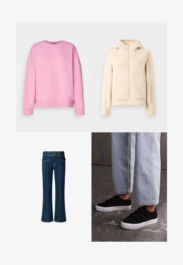 Roomkleurige fleece hoodie met ritssluiting, gevoerde capuchon, kangoeroezakken en geribde manchetten. Zachte textuur en eenvoudig ontwerp zonder patronen.; Vero Moda VMBEA - Sweater - bonbon; Donkerblauwe denim jeans met een uitlopende pijp, voorzien van twee zijzakken, een hoge taille en dubbele knoopsluiting bij de tailleband.; Zwarte corduroy sneakers met drie klittenbandsluitingen en een gestructureerde bovenkant. Lage witte rubberen zool. Draag met lichtblauwe cropped broeken.