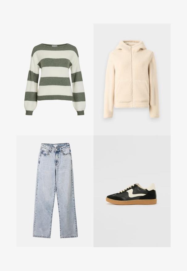 Sweat à capuche zippé en polaire crème avec capuche doublée, poches kangourou, et poignets côtelés. Texture douce et design simple sans motifs.; Pull rayé vert et blanc, avec une coupe décontractée, des manches larges et des bords côtelés. Fabriqué en matière tricotée douce et texturée.; Jean droit bleu clair en denim, doté de deux poches avant, d'une fermeture à bouton et de coutures contrastées le long des coutures.; Baskets en daim et cuir noir avec un swoosh latéral crème et un talon crème clair. Dotées de lacets beige et d'une semelle en caoutchouc gomme.