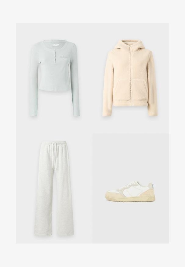 Roomkleurige fleece hoodie met ritssluiting, gevoerde capuchon, kangoeroezakken en geribde manchetten. Zachte textuur en eenvoudig ontwerp zonder patronen.; Lichtgroene geribde lange mouw top met een ronde halslijn, knoopsluiting en een subtiele geëtste logo op de borst. Zachte textuur.; Lichtgrijze wijde sweatpants met elastische tailleband en witte koordjes, weergegeven op een plain witte achtergrond.; Witte en beige sneaker met een bovenwerk van suède en textiel, voorzien van contrasterende stiksels, een rubberen zool en een lichtblauwe accenten op de hiel.