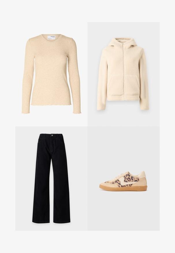 Roomkleurige fleece hoodie met ritssluiting, gevoerde capuchon, kangoeroezakken en geribde manchetten. Zachte textuur en eenvoudig ontwerp zonder patronen.; Beige geribbelde gebreide top met lange mouwen, ronde halslijn en subtiele golvende randen aan manchetten en zoom.; Zwarte wijde ribfluwelen broek met voorzakken en knoopsluiting in de taille, afgebeeld op een effen lichte achtergrond.; Luipaardprint sneakers met een beige suède bovenkant, tan rubberen zool en witte accenten. Ronde neus en vetersluiting met een gestructureerde afwerking.