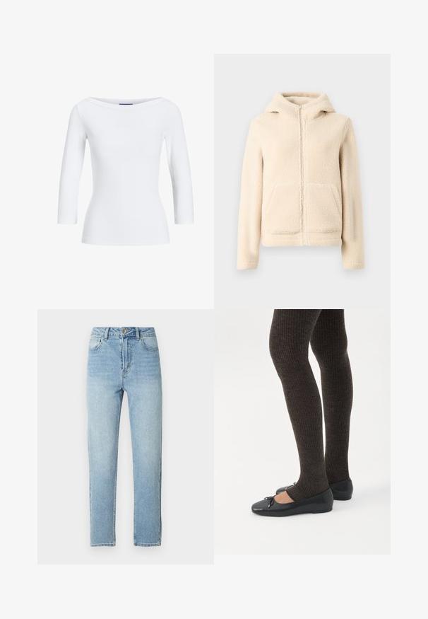 Roomkleurige fleece hoodie met ritssluiting, gevoerde capuchon, kangoeroezakken en geribde manchetten. Zachte textuur en eenvoudig ontwerp zonder patronen.; Witte geribbelde longsleeve top met een bootnek. De stof is soepel, aansluitend en heeft een nette afwerking bij de mouwen en de zoom.; Lichtblauwe spijkerbroeken met een rechte pijp, vijfzakkenmodel, metalen knoopsluiting en subtiele whiskeringdetails aan de voorkant.; Benen met donkere geribbelde leggings gecombineerd met zwarte ballerina's met kleine strikdetails op een witte achtergrond.