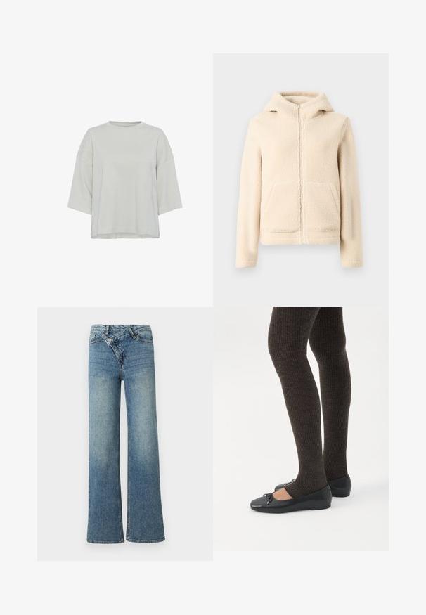 Kremfarvet fleece-hættetrøje med lynlås, foret hætte, kængurulommer og ribkant ved ærmerne. Blød tekstur og enkelt design uden mønstre.; Lys grå, kortærmet top lavet af blød stof. Har en rund halsudskæring og subtile sømdetaljer foran. Regular fit.; Lyseblå denim jeans med vide ben og høj talje, let falmet effekt og knaplukning foran. Har fem lommer og minimal syning.; Ben iført mørke ribbede leggings kombineret med sorte balletsko med små sløjfedetaljer på hvid baggrund.