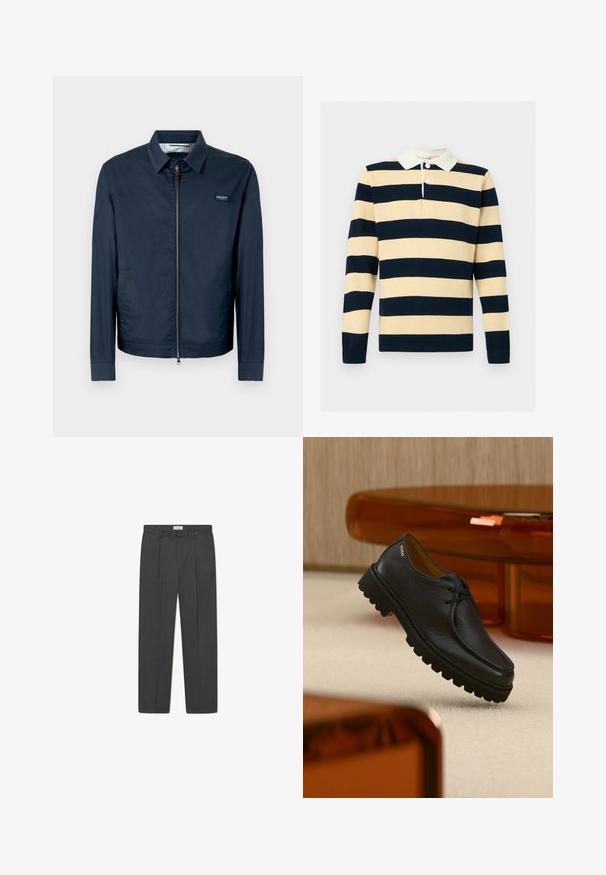 Marineblaue Jacke mit einem Kragen, einem Reißverschluss vorne und langen Ärmeln. Hergestellt aus einem glatten Stoff mit einem dezenten Glanz und gestreiftem Futter.; Langärmliges Rugby-Hemd aus Strick mit breiten horizontalen Streifen in Marineblau und Beige, weißem Kragen und zwei weißen Knöpfen am Ausschnitt.; Graue maßgeschneiderte Hose mit dezentem Karomuster, strukturiertem Gewebe und vorderen Falten, ausgestattet mit einem Bund mit Gürtelschlaufen.; Schwarzer, strukturierter Leder-Schnürschuh mit dicker, profilierter Sohle, mit dem Markenschriftzug "HUGO" nahe der Ferse, präsentiert vor einem beigen Teppich und bernsteinfarbenen Möbeln.