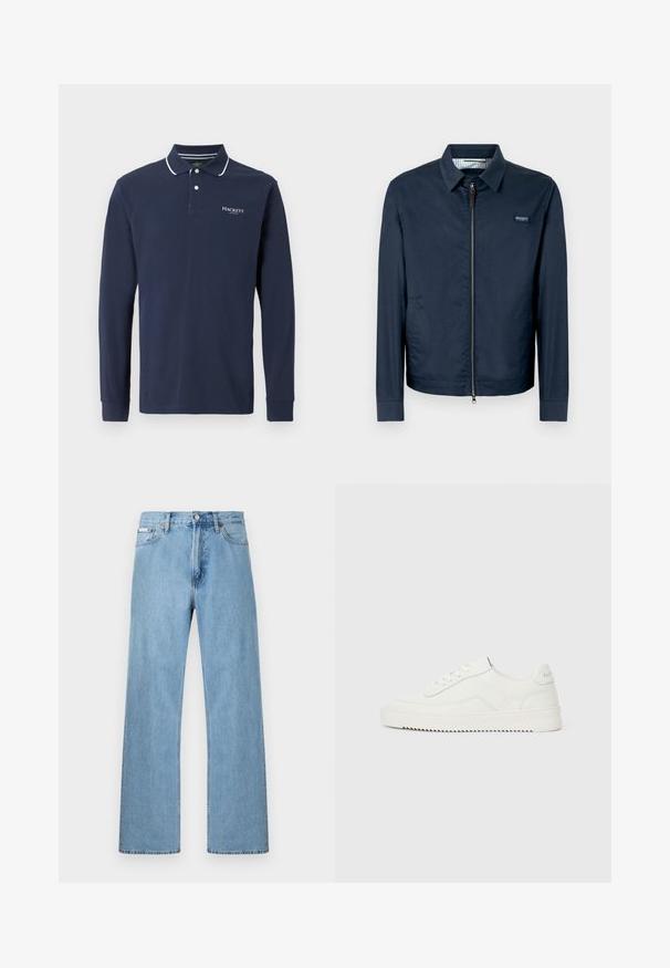 Chaqueta azul marino con cuello con solapas, cremallera frontal y mangas largas. Hecha de una tela suave con un leve brillo y forro a rayas.; Camisa polo de manga larga en color navy, hecha de algodón, con un collar clásico, tapeta de dos botones y ribete blanco. Logotipo bordado en el pecho.; Vaqueros de mezclilla azul claro de pierna recta con diseño de cinco bolsillos y cierre de botón en la cintura, exhibidos sobre un fondo simple.; Zapatilla blanca de piel con corte bajo, cierre de cordones, lengüeta trasera texturizada y suela de goma blanca ligeramente estriada sobre un fondo claro y liso.