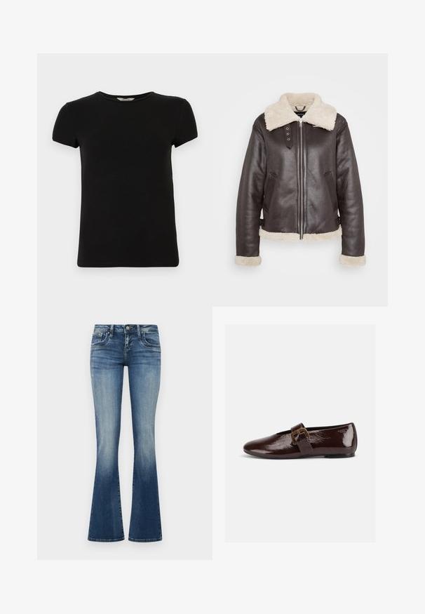Braune Lederjacke mit beigem Lammfellkragen, -manschetten und -saum, Frontreißverschluss, seitlichen Taschen und Schnallenriemen an der Taille.; Schwarzes T-Shirt mit kurzen Ärmeln und Rundhalsausschnitt, aus glattem Baumwollstoff, mit einem schlichten Design und ohne sichtbare Muster oder Akzente.; Ausgestellte Jeans aus Denim in mittlerem Blau mit einer verblassten Waschung. Verfügt über fünf Taschen, Gürtelschlaufen und kontrastierende Nähte. Weicher, strukturierter Stoff.; Dunkelbrauner Lacklederschuh mit großer goldener Schnalle und abgerundeter Spitze, seitlich vor weißem Hintergrund dargestellt.
