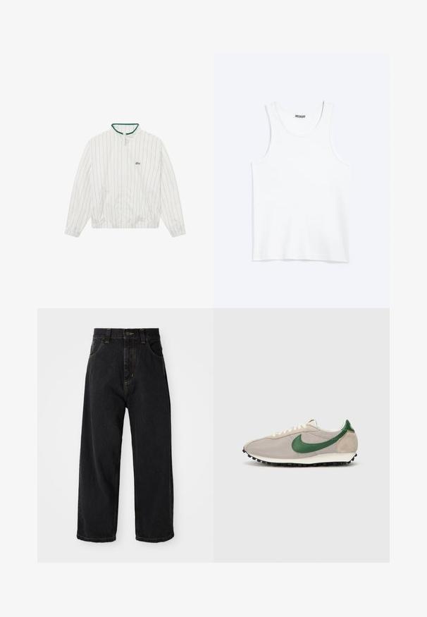 BLKVIS STRIPED - Lichte jas - white; Wit mouwloos hemdje met ronde hals en Weekday-merklabel aan de binnenkant van de achterkraag, plat weergegeven op een lichte achtergrond.; Zwarte wijde denim jeans met hoge taille, voorste knoop, rits en gele stiksels op de zakken en naden.; Beige hardloopschoenen met groene suède accenten, een gestructureerde mesh bovenzijde, crèmekleurige veters en een zwarte rubberen zool met gripnoppen.