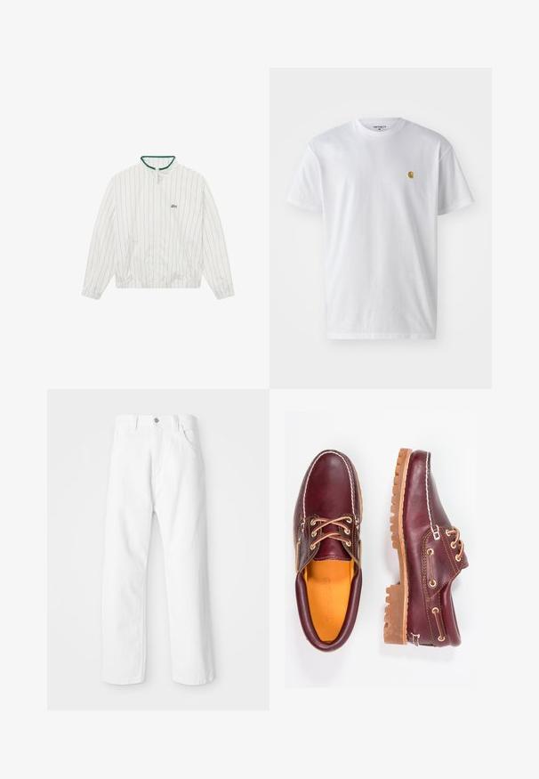 BLKVIS STRIPED - Let jakke / Sommerjakker - white; Hvid bomulds t-shirt med korte ærmer, rund hals og et lille guld logo på venstre brystområde. Blød tekstur og almindelig pasform.; Hvide denimbukser med lige ben-design, der har en frontknap og lynlås lukning, fem lommer og en ren, tekstureret overflade.; Bordeaux lædersko med brune gummisåler, rund tå, hvid syning og gyldne snøringer. Indersiden har et gult for.