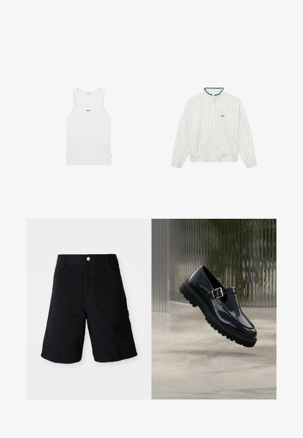 BLKVIS STRIPED - Καλοκαιρινό μπουφάν - white; Λευκό αμάνικο τοπ με στρογγυλή λαιμόκοψη και μικρό μαύρο λογότυπο κείμενο στο κέντρο του στήθους σε απλό φόντο.; Μαύρα τζιν σορτς με κούμπω, με ίσια γραμμή, πλαϊνές τσέπες και ενισχυμένες ραφές για αυξημένη αντοχή.; Μαύρο λουστρινένιο δερμάτινο παπούτσι με στρογγυλή μύτη, διακοσμητικό ράψιμο και λουράκι με αγκράφα πάνω σε χοντρή ελαστική σόλα.
