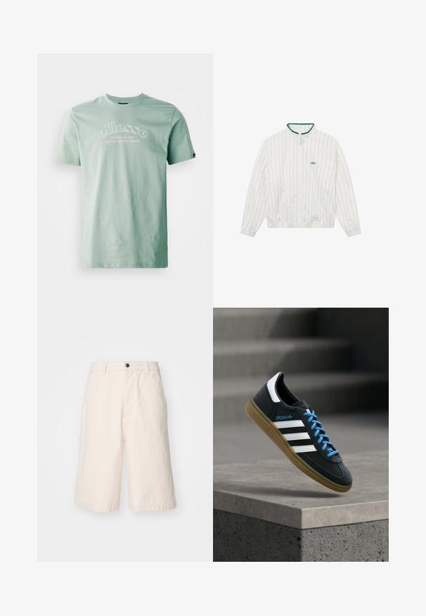 BLKVIS STRIPED - Leichte Jacke - white; Ellesse QUESCO TEE - T-Shirt print - green; Helle beige Baumwollshorts mit geradem Schnitt, ausgestattet mit einem Knopfverschluss, seitlichen Taschen und einem Saum, der knapp über dem Knie endet.; Schwarzer Adidas-Sneaker mit weißen Streifen, blauen Schnürsenkeln und Gummisohle, der über einer grauen Betontreppe im weichen Licht schwebt.