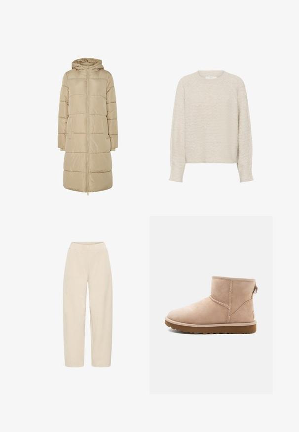 Manteau doudoune beige avec capuche, présentant des sections matelassées horizontales, une fermeture éclair intégrale et deux poches avant. Matériau lisse et léger.; Pull beige en tricot à manches longues avec col rond et poignets et ourlet côtelés, présentant un motif texturé subtil.; Pantalons à jambes larges beiges avec une taille élastique. Fabriqués à partir d'un tissu doux et texturé, présentant une finition lisse et sans motifs supplémentaires.; Bottine en daim beige à bout arrondi, avec des accents cousus et une semelle en caoutchouc brun texturé. Elle se distingue par une languette à l'arrière.