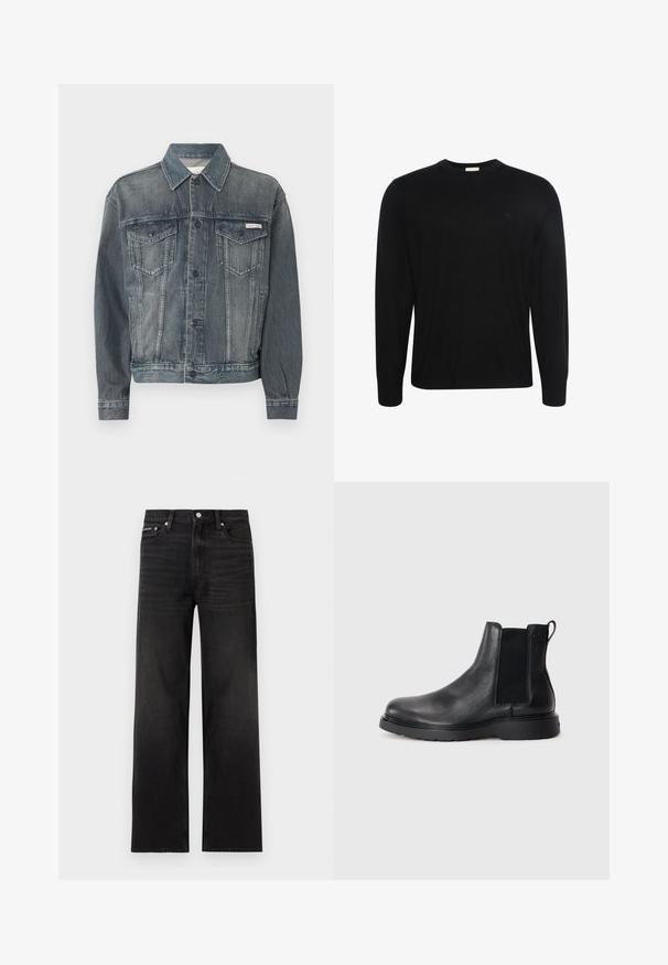Veste en denim noir délavé avec fermeture à boutons, deux poches à rabat sur la poitrine, poches latérales, et logo Calvin Klein sur la poitrine et la ceinture.; Pull noir à manches longues col rond avec un tissu subtilement texturé et un petit logo brodé sur la poitrine gauche.; Jean noir droit avec cinq poches, passants pour ceinture et fermeture par bouton, présenté sur un fond blanc.; Bottes Chelsea en cuir noir avec une finition texturée, des panneaux latéraux élastiques et une semelle en caoutchouc robuste. Branding subtil sur le talon.