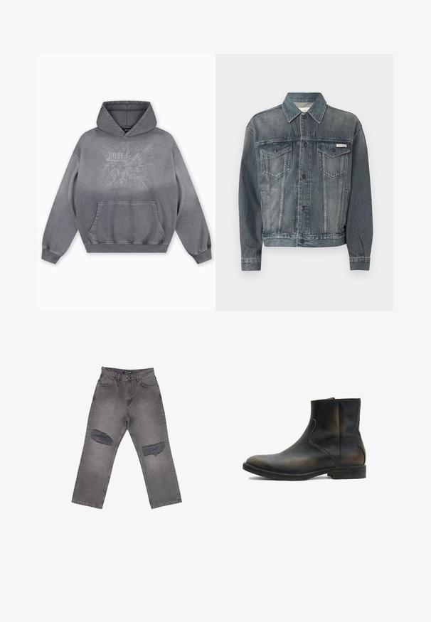 Mørkeblå denimjakke med knaplukning, to brystlommer med klap, sidelommer og Calvin Klein-logo på bryst og taljebånd.; Grå hættetrøje med tekstureret print med "FAVELA Worldwide" og et ørnedesign, frontlomme og ribbede manchetter.; Grå denimjeans med høj talje, vide ben og store slidte pletter på begge knæ, med forlommer og bæltestropper.; AllSaints LANG - Støvletter - brown