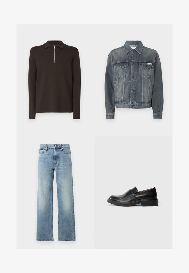 Verbleekte zwarte spijkerjas met knoopsluiting, twee klepzakken op de borst, steekzakken aan de zijkant en Calvin Klein-logo op de borst en tailleband.; Donkerbruin poloshirt met lange mouwen, een kraag en een korte zilveren ritssluiting. Gemaakt van een gladde, zachte stof. Geen patronen of accenten.; Lichtblauwe denim jeans met rechte pijpen, een hoge taille, vijf zakken, knoopsluiting en subtiele vervaging op de dijen en knieën.; Zwarte leren instap schoenen met een lage hak en subtiel Calvin Klein-logo aan de zijkant, weergegeven in profiel op een witte achtergrond.