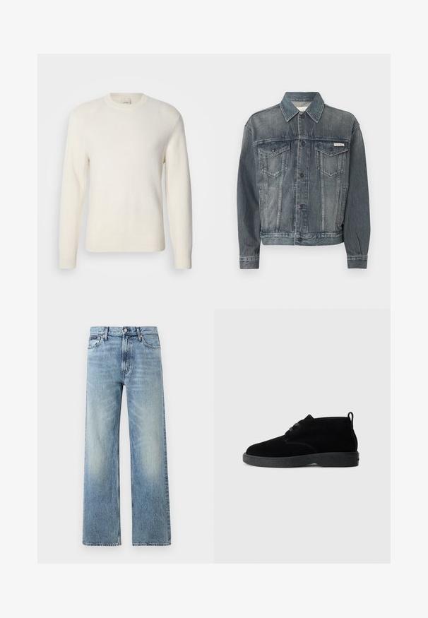 Veste en denim noir délavé avec fermeture à boutons, deux poches à rabat sur la poitrine, poches latérales, et logo Calvin Klein sur la poitrine et la ceinture.; Pull blanc à manches longues en tissu doux, avec un col rond ras du cou et des poignets et ourlet côtelés, design minimaliste sans motifs.; Jean droit en denim bleu clair avec taille haute, cinq poches, fermeture à boutons et léger délavage sur les cuisses et les genoux.; Bottines en suédine noire à bout rond, à lacets, avec une semelle en caoutchouc noire et une languette à l'arrière pour un enfilage facile.