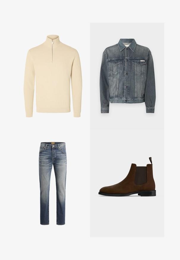 Vypraná čierna rifľová bunda so zapínaním na gombíky, dvoma náprsné klopové vrecká, bočné vrecká a logo Calvin Klein na hrudi a páse.; Béžový pletený sveter s vysokým rebrovaným golierom a krátkym predným zipsom, s dlhými rukávmi a rebrovanými rukávmi a lemom.; Slim-fit džínsy vyrobené z denimovej látky, s stredne modrou prateľnou farbou, piatimi vreckami a prešívaním na švoch.; Hnedá semišová Chelsea čižma s čiernymi elastickými bočnými panelmi, čiernou gumovou podrážkou a pútkom vzadu na jednoduchom bielom pozadí.