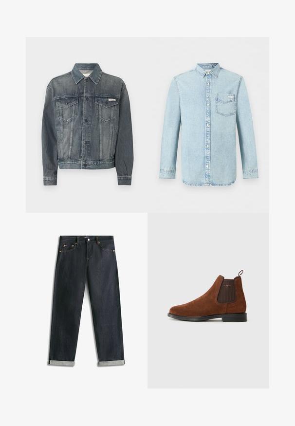 Verbleekte zwarte spijkerjas met knoopsluiting, twee klepzakken op de borst, steekzakken aan de zijkant en Calvin Klein-logo op de borst en tailleband.; Lichtblauw denim overhemd met lange mouwen, knoopsluiting aan de voorkant, een borstzak met Calvin Klein-logo en puntige kraag.; Donkerblauwe spijkerbroek met omgeslagen boorden, vijf zakken en contrasterende stiksels, plat uitgespreid op een witte achtergrond.; Bruine suède Chelsea-boot met een elastische zijpaneel, een lus aan de achterkant, een zwarte zool en een subtiel "GANT"-logo op het zijpaneel.