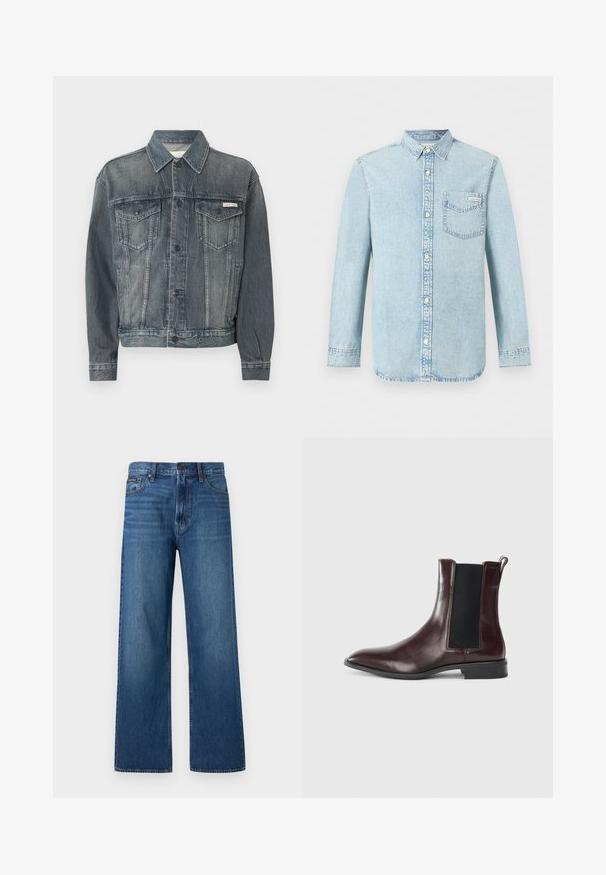 Verbleekte zwarte spijkerjas met knoopsluiting, twee klepzakken op de borst, steekzakken aan de zijkant en Calvin Klein-logo op de borst en tailleband.; Lichtblauw denim overhemd met lange mouwen, knoopsluiting aan de voorkant, een borstzak met Calvin Klein-logo en puntige kraag.; Blauwe high-waisted jeans met rechte pijpen, voorzien van een knoop- en ritssluiting aan de voorkant, vijf zakken en een klein merklabel op de rechterzak.; Bruine leren Chelsea-boot met elastische zijkanten, spitse neus en een gladde textuur. Zwarte basis en subtiele stikdetails.