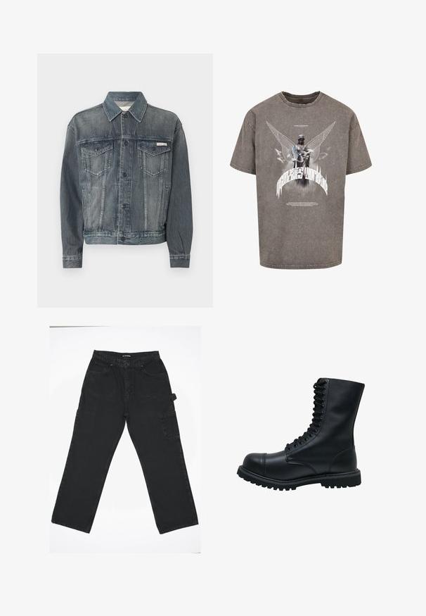 Verwaschene schwarze Jeansjacke mit Knopfverschluss, zwei Brustklappentaschen, Seitentaschen und Calvin Klein Logo auf der Brust und am Bund.; Graues, übergroßes T-Shirt aus Baumwolle mit einem grafischen Aufdruck einer geflügelten Statue und stilisiertem Text auf der Vorderseite.; Schwarze Denim-Hose mit geradem Bein, ausgestattet mit einem Frontknopfverschluss, Gesäßtaschen und einer seitlichen Cargo-Tasche.; Schwarze Leder Schnürstiefel mit runder Zehenkappe, hohem Schaft, dicker Gummisohle und texturierter Oberfläche. Enthält verstärkte Nähte entlang der Nähte.