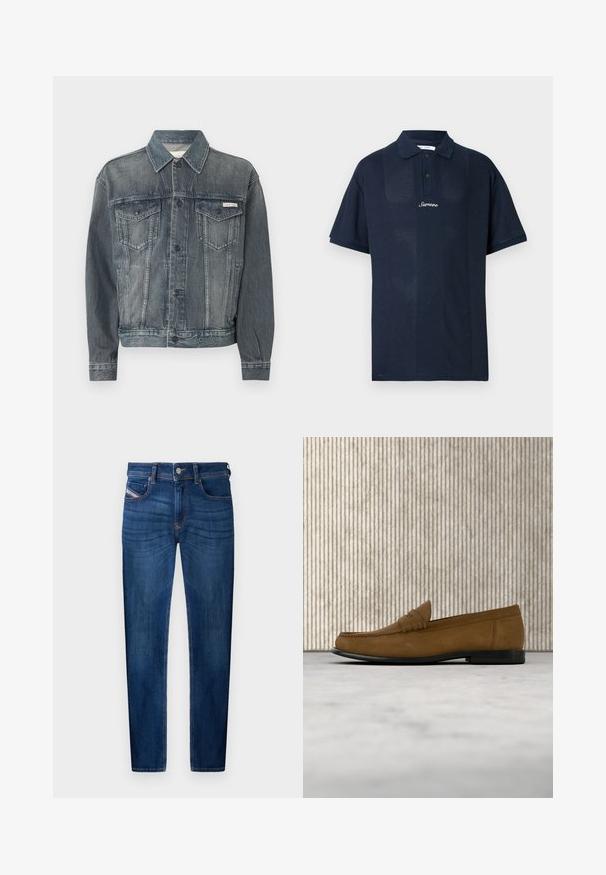 Mørkeblå denimjakke med knaplukning, to brystlommer med klap, sidelommer og Calvin Klein-logo på bryst og taljebånd.; Marineblå poloshirt lavet af tekstureret stof. Har korte ærmer, en klassisk krave og en front med to knapper. "Samsøe" logo vises.; Mørkeblå denim jeans med lige ben, fem-lomme design, synlige syninge detaljer og metal knaplukning.; Brun mokkalær loafer med sort sål, der svæver over en lys beige tæppe, ved siden af en rund, blank brun bordfod.