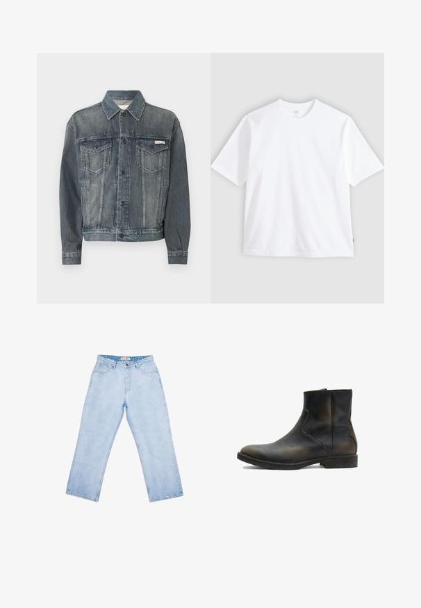 Mørkeblå denimjakke med knaplukning, to brystlommer med klap, sidelommer og Calvin Klein-logo på bryst og taljebånd.; Hvid t-shirt med korte ærmer lavet af bomuld, med rund hals og lige snit. Mærke synligt på den nederste side af kanten.; Lyseblå jeans med høj talje og lige ben, forlommer, bæltestropper, knaplukning og en mærket inderlabel ved linningen.; AllSaints LANG - Støvletter - brown