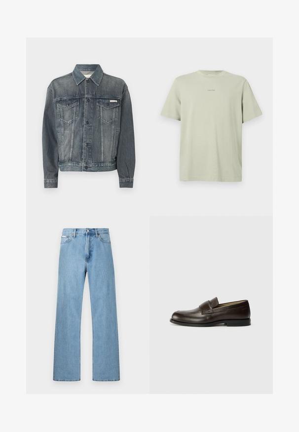 Veste en denim noir délavé avec fermeture à boutons, deux poches à rabat sur la poitrine, poches latérales, et logo Calvin Klein sur la poitrine et la ceinture.; T-shirt en coton vert clair avec un col rond, des manches courtes et un petit logo Calvin Klein imprimé en une teinte plus foncée sur la poitrine.; Jean en denim bleu clair coupe droite à cinq poches avec fermeture à boutons à la taille, présenté sur un fond uni.; Calvin Klein Chaussons - cocoa brown