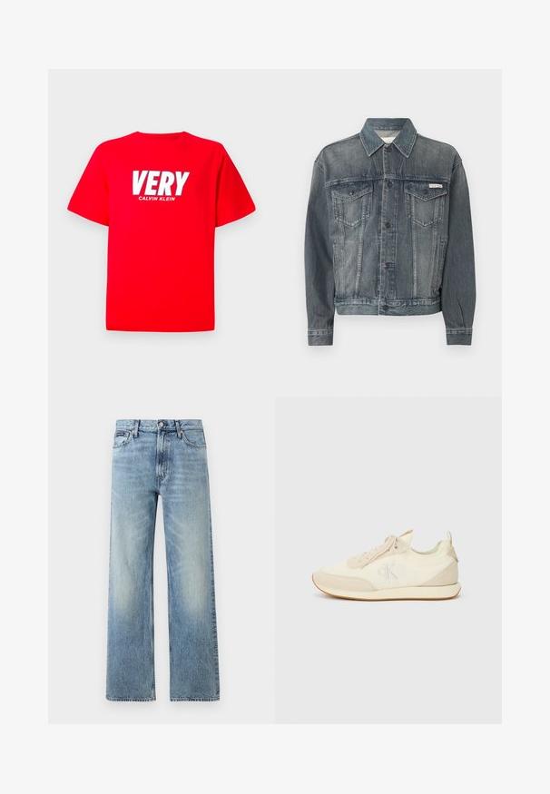 Verwaschene schwarze Jeansjacke mit Knopfverschluss, zwei Brustklappentaschen, Seitentaschen und Calvin Klein Logo auf der Brust und am Bund.; Rotes T-Shirt mit kurzen Ärmeln, auf der Brust in großen weißen Buchstaben "VERY" und darunter in kleineren weißen Buchstaben "CALVIN KLEIN".; Hellblaue Jeans mit geradem Bein, hohem Bund, fünf Taschen, Knopfverschluss und dezentem Verblassen an Oberschenkeln und Knien.; Sportliche Sneakers in Creme und Beige mit einem Obermaterial aus glattem Stoff und Wildlederakzenten. Dezente Logodetails und Gummisohle mit kontrastierenden Kanten.