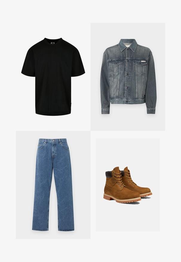 Verwaschene schwarze Jeansjacke mit Knopfverschluss, zwei Brustklappentaschen, Seitentaschen und Calvin Klein Logo auf der Brust und am Bund.; Schwarzes T-Shirt aus Baumwolle, mit Rundhalsausschnitt und kurzen Ärmeln in lockerer Passform. Einfaches Design, ohne Muster oder Grafiken.; Blaue Jeans mit geradem Bein, dezenten gestickten abstrakten Blattmustern und klassischem Fünf-Taschen-Design auf hellem Hintergrund.; Braune Wildleder-Stiefeletten mit einem gepolsterten schwarzen Kragen, goldenen Ösen und einer dicken Gummisohle mit einem Rillenmuster für besseren Grip.