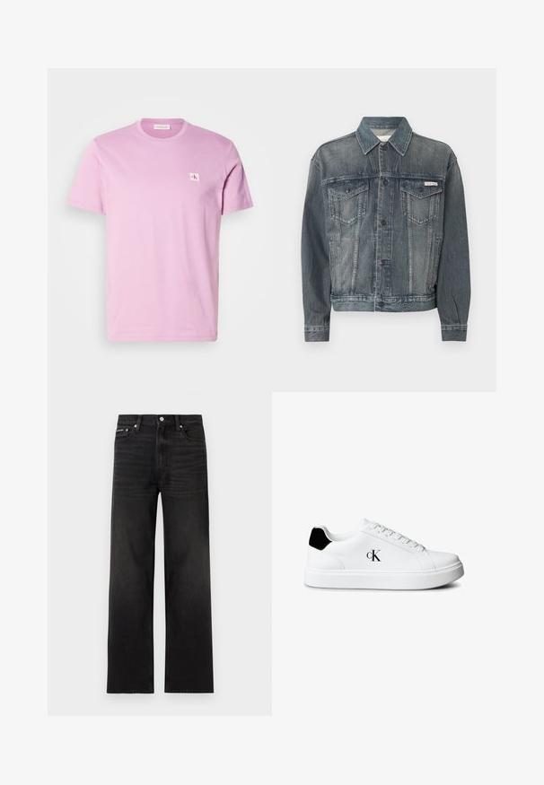 Chaqueta de mezclilla negra deslavada con cierre de botones, dos bolsillos con tapeta en el pecho, bolsillos laterales y logo de Calvin Klein en el pecho y la cintura.; Camiseta de algodón rosa con cuello redondo, mangas cortas y un pequeño parche blanco con el logo de Calvin Klein en el lado izquierdo del pecho.; Jeans negros de pierna recta con diseño de cinco bolsillos, presillas para cinturón y cierre de botón, mostrados sobre un fondo blanco.; Zapatilla blanca de corte bajo con pestaña negra en el talón y logo "cK" en el lateral, con cordones blancos y suela blanca gruesa.