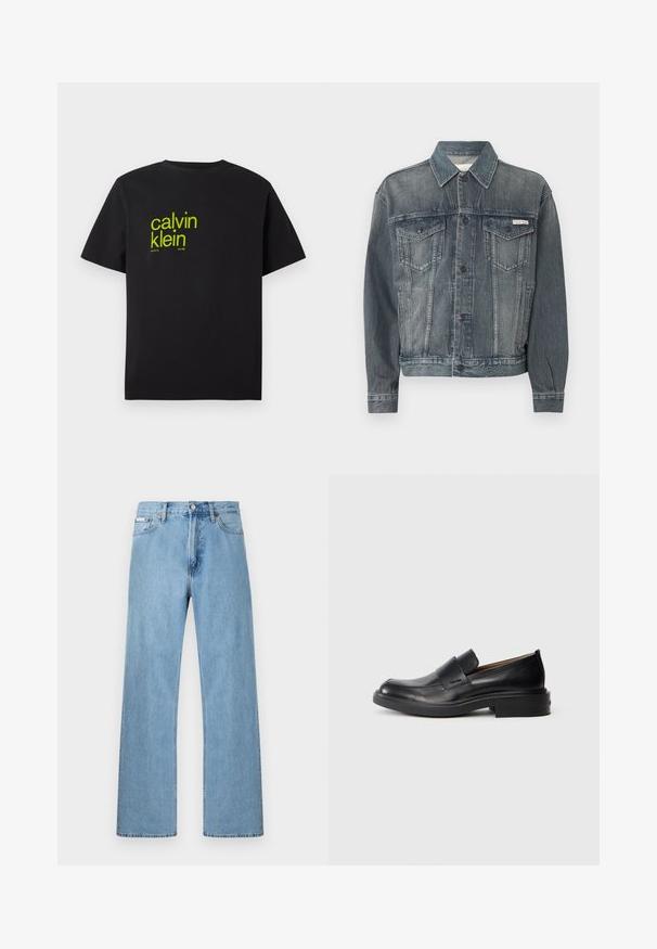 Mørkeblå denimjakke med knaplukning, to brystlommer med klap, sidelommer og Calvin Klein-logo på bryst og taljebånd.; Sort bomulds t-shirt med gul tekst, der står "calvin klein" og "new york city since 1968" i en moderne, fed skrifttype. Korte ærmer.; Lyseblå straight-leg jeans i denim med fem-lomme-design og knaplukning i taljen, vist mod en ensfarvet baggrund.; Sorte læder slip-on dress sko med lav hæl og subtil Calvin Klein logo på siden, vist i profil på en hvid baggrund.